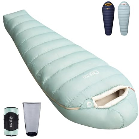 QEZER Down Sleeping Bag [620FP-RDS], sleeping bags for adults features a graphene antistatic lining for superior warmth, suitable for camping, hiking, backpacking, and 4 season travel.