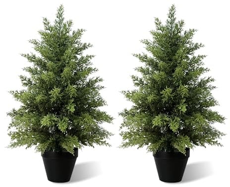 Vitalismo Alberi Artificiali Cipresso Piante Finte Interno Esterno 63cm | 2 Pezzi, Resistente UV, Fogliame Folto, Pianta Finta in Vaso per Porta Ingresso Balcone Giardino Casa Natale Decorazioni