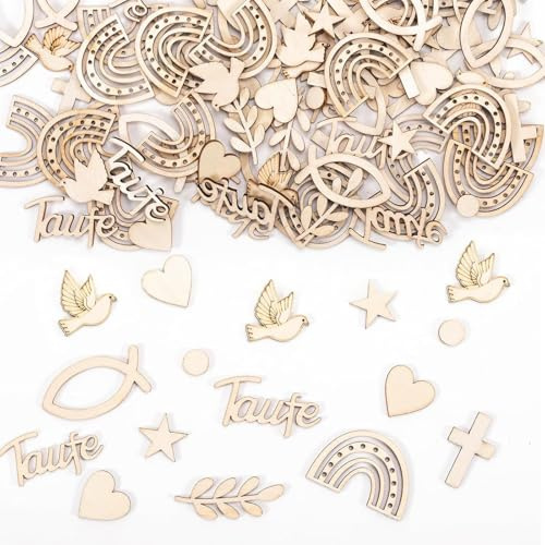 Taufedeko - 180 Stück Konfetti aus Holz zur Taufe, Holzfisch Sternform Kreuzform Salbeifarbenes Regenbogen Tauben Konfetti zur Taufe, Tischdekoration für Kommunion Babyshower