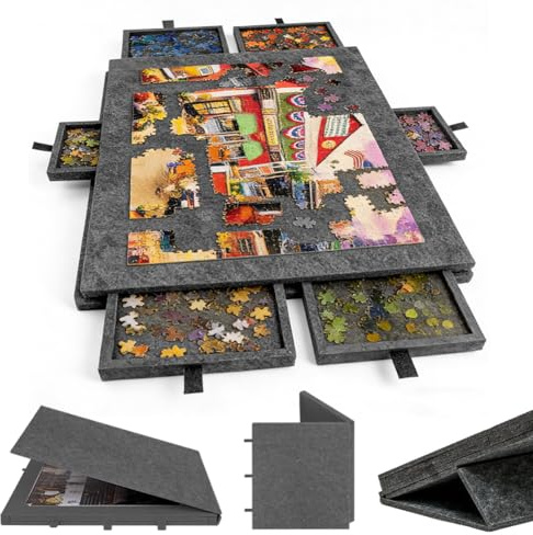 Kippbarer Puzzletisch für 1000 Teile mit 6 Schubladen - Tragbares Puzzlebrett mit 2-in-1-Ständer und Abdeckung, Superleichtes Filz Puzzle Board für Erwachsene, einsetzbar für 500 1500 2000 Puzzleteile