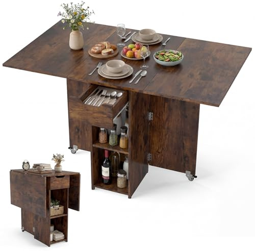 GIANTEX Mesa de Comedor Plegable, Mesa de Cocina Móvil con Alas Abatibles, 1 Cajón y 2 Estantes Abiertos, para 2-4 Personas, Ahorra Espacio, 120x72x75cm, para Comedor, Salón, Dormitorio (Marrón)