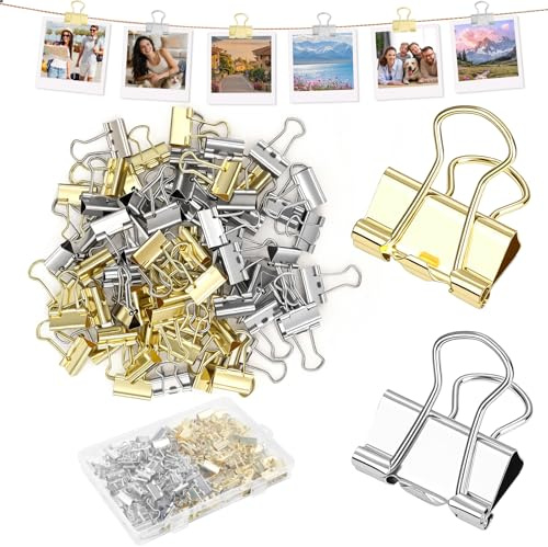 100 Stück Foldback Klammern, 19mm Gold & Silber Papierklammern Metall | Binderclips Wiederverwendbare Vielzweckklammer Mit Aufnahmebox, Foldback Klammern Klein Set für Briefpapier Papier BüRobedarf