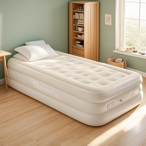 Charmofun Luftmatratze für 1 Person, Luftbett mit integrierter Pumpe | Komfortable Luftmatratze mit integrierter Pumpe und beflockter Oberfläche für Camping, Gästezimmer. 195 × 100 × 43 cm