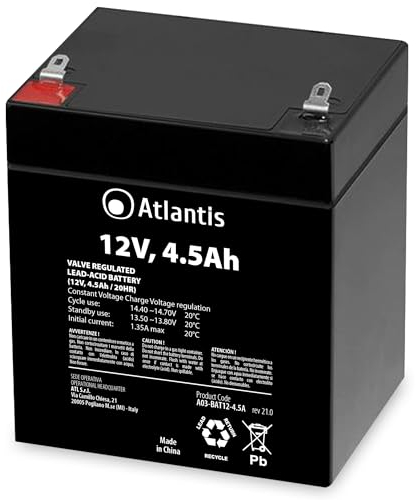 Atlantis batteria piombo 12v 4,5 ah ermetica (VRLA), adatta per UPS Gruppi di Continuità, Videosorveglianza, Sistemi di allarme, mobilità elettrica, giocattoli, attacc faston F2 6,3mm, A03-BAT12-4.5A