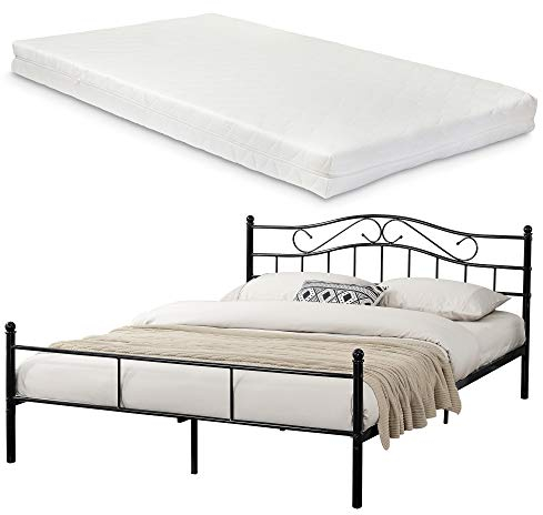 [en.casa] Metallbett (Florenz) mit Matratze (140 x 200cm)(schwarz) mit geschwungenem Kopfteil/Pulverbeschichtet/inkl. Lattenrost /