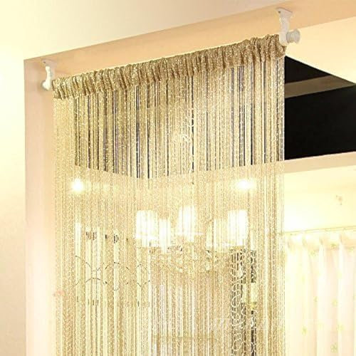 Topixdeals Door Fringe Curtain, Rare Flat Silver Ribbon Curtain Thread Fringe Window Panel Room Divider Cute Strip Tassel Party Events (110 X 110 Inch (1 Pack), Champagne)