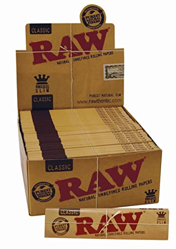 5 Boxen (250 Booklets) RAW King Size Slim Classic Rolling Papers, ungebleichte Slim Longpapers