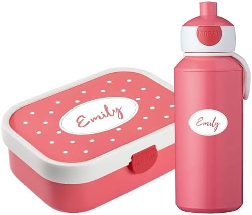 4youDesign Set: pinke Brotdose und Trinkflasche -PUNKTE- mit Namen für Kinder inkl. Dosen-Einsatz, Gabel und Pop-Up Flasche Punkte (Cool Pink)
