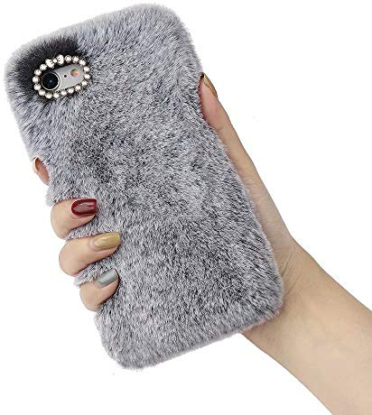 Pepmune Kompatibel mit iPhone 6 Plus/6S Plus Handyhülle Plüsch Hülle Niedlich Pelzig Flauschige Weiche TPU Schutzhülle mit 3D Bling Kristall Diamant Winter Warme Faux Pelz Case Cover, Grau