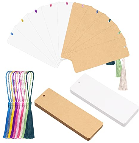 WANDIC Blanko Lesezeichen, 60 Weiße & Braune Leeres Lesezeichen, 60 Bunte Quasten, mit Loch, Sublimation Rohlinge Set für DIY Handwerk Geschenkanhänger