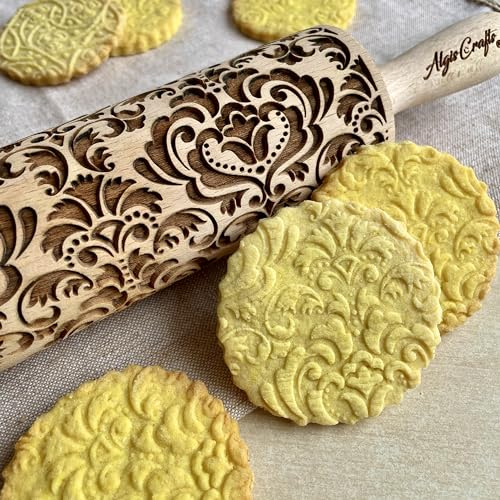 DAMASCO Mattarello Decorativo per Biscotti | Mattarello Inciso | Rullo per Biscotti e per Modellare | Mattarello Legno Goffrato di Algis Crafts