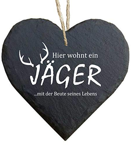 Herz Schieferherz Schiefer Schieferschild 10 x 10 cm Hier wohnt EIN Jäger mit der Beute seines Lebens schwarz Dekoschild Wandschild Schild Stein Geschenk