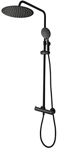 Tiger Twiss Duschsystem, Dusch Set inkl. Regendusche mit 30cm Durchmesser, Handbrause mit 3 Strahlarten, höhenverstellbarer Duschstange, Brauseschlauch und Thermostat, schwarz