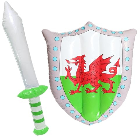 Aufblasbares Schwert und Schild mit walisischer Flagge, 1 Stück, Kostümzubehör, St. David's Day, Wales, Fußball, Rugby
