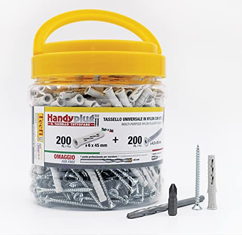 TECFI Handyplug® Barattolo con 200 Tasselli UNIVERSALI in Nylon Ø6 x 45 mm, con Vite + Punta e Inserto Professionali in OMAGGIO - Utilizzo su tutte le murature