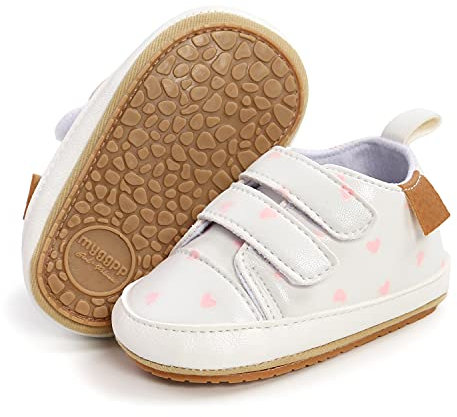 Bébé Garçons Filles Chaussures Antidérapantes en Cuir PU à Semelle Haute Chaussures de Marche pour Bébé Chaussures pour Berceau Nouveau-né Mocassins Flats. (Coeur Blanc-Rose, 6-12 Mois)