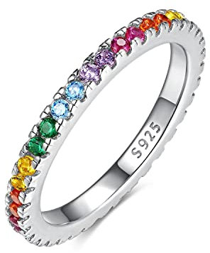 Emmie Jewelry Eternity Ring 925 Silber mit Bunte Zirkonia Steine | Damenring mit Regenbogen-Steinen rundherum | Rainbow Ringe für Damen, Frauen Schmuck (52, Silber)