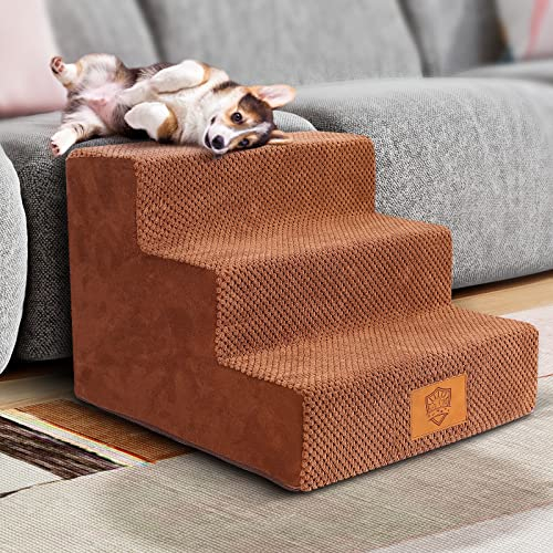 Myiosus Hundetreppe für Kleine Hunde, 3 Stufen Haustiertreppe für Sofa Bett, rutschfeste Treppe Hund aus Hochdichtem Schwamm mit Abnehmbare und Waschbar Bezug, Katzentreppe für Kleine Hunde