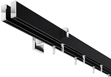 DécoProfi Gardinenstange Innenlauf 2-läufig Set Short rechteckig Schwarz/Verchromt I Länge: 200cm Aluminium für Wandmontage I Als Gardinenschiene & Vorhangstange geeignet