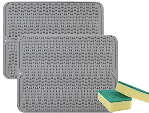 Anlising Abtropfmatte, 2PCS Silikon Abtropfmatte, Spülbeckenmatte für Küche, Abtropfmatte für Geschirr, Rutschfeste Hitzebeständige Silikonmatte, Senden 2 Reinigungsschwamm, für Küche (40×30CM Grau)