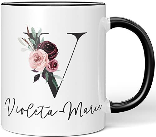 JUNIWORDS Tasse, Violeta-Marie, Name Anfangsbuchstabe Initial Alphabet Floral Buchstabe V Monogramm Motiv, Schwarz (5608876)