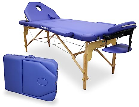 WELLCORE Massageliege, klappbar, mit aufklappbarer Rückenlehne, aus Holz, Kunstleder, 195 x 70 cm, höhenverstellbar, Abnehmbarer Kopf, Gesichtsloch, Blau, bis 225 kg
