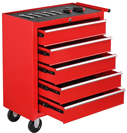 TUFFIOM Cassettiera portautensili a 5 cassetti con serratura e chiave, armadietto per attrezzi con ruote, cuscino superiore e fodere per cassetti, scatola organizer per garage, magazzino e officina,