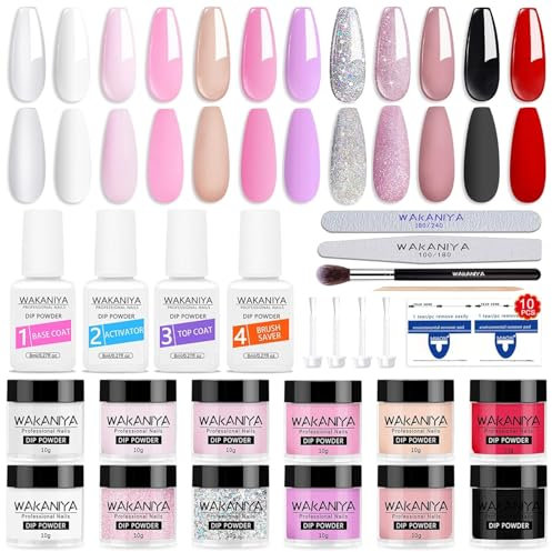 Nagelpulver Starter Set, 12 Farben White Clear Nude Dipping Powder Kit mit Base Top Coat, Activator and Nägel Brush Dip Maniküre Sets, Dipping Powder Nails Set Starter Kit für Home & Salon