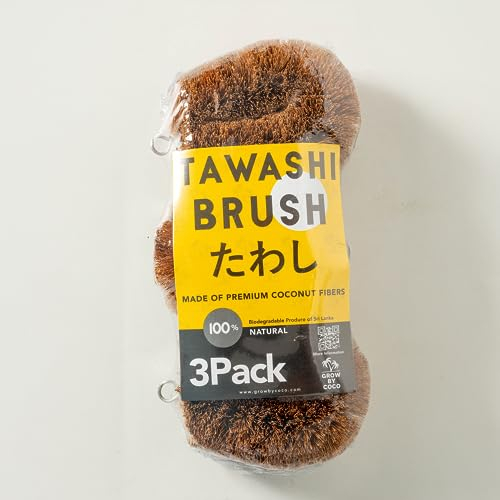 GrowByCoco Pack of 3 Tawashi 100% Natural Coconut Coir Fiber Brush, Vegetable Scrub Brush,Ideal for Fruit Scrub, Kitchen Cleaning Needs, Kamenoko Japanese Design