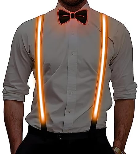 Ausolee Hosenträger Herren, Leuchtende Herren-LED-Hosenträger und Fliege 2 Stück/Set,ür Musik, Festival, Halloween-Kostümparty.(Orange)