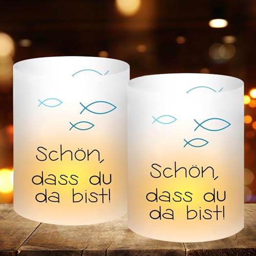 8 STK Windlicht Fisch Blau Tischdeko, Schön DASS du da bist, Kommunion Taufe Deko, Konfirmation Firmung Jugendweihe Erstkommunion Tischdeko, Junge Taufe Deko