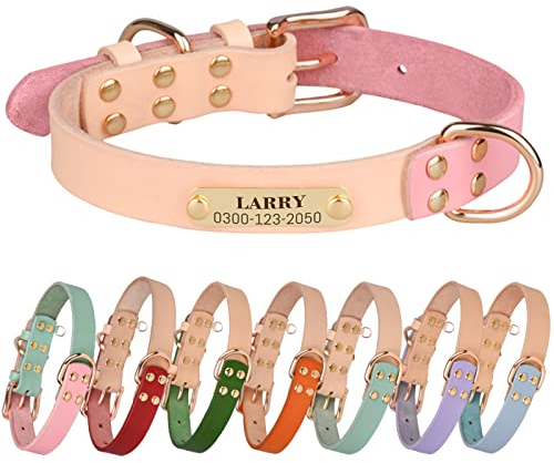 Yonsbox Hundehalsband Leder personalisiert mit Gravurplatte – Individuelles Echtleder Hundehalsband mit Namensschild & Telefonnummer, Geräuschloses Halsband für Hunde, Verstellbar & Robust