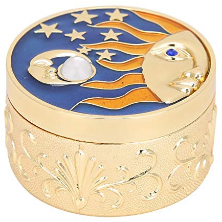 Leopacat Trinket Box, Round Jewelry Box with Star Moon Pattern Decorative Tin Organiser with Lids Flannelette Lining for Ring Necklaces Earrings Bracelets Keepsake Display Organizer (Gold Edge)