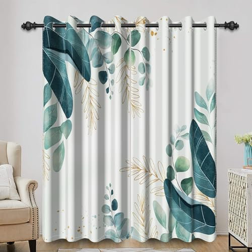Bovlleetd Cortinas de Ventana de hojas de eucalipto Azul Cortinas Con Estampado de hojas de acuarela para dormitorios Cortinas Con aislamiento térmico Establecer 2 Paneles 140x225cm(Ancho x Alto)