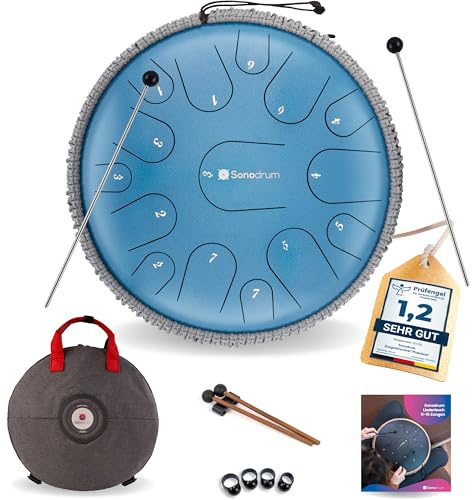 Sonodrum Zungentrommel Premium C - Dur in Blau - 35 cm groß mit 15 Tönen - Steel Tongue Drum inkl. Liederbuch, Schlägel, Fingersticks und Tragetasche - Notenlesen nicht nötig, einfach zu spielen.