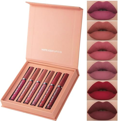 IFFANY 6er-Pack Havenlyn Forever Flüssig-Lippenstift-Matt-Set, Antihaft-Cup, lichtbeständiger, wasserfester Lipgloss, langanhaltender Nude-Matt-Lipgloss, Damen-Lippenstift-Geschenkset