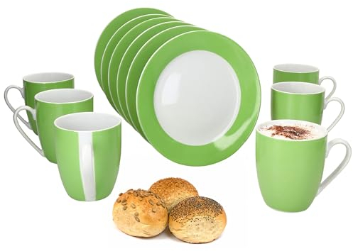 MamboCat Variant Grün 12tlg Frühstücksset I Je 6x kleine Teller & Kaffeebecher 350ml, Höhe 10,3cm für 6 Personen I Tasse, Kuchenteller I Porzellan-Geschirr für Frühstücks- & Kaffeezeit