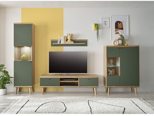 Lomadox Wohnwand Anbauwand in Eiche mit grün Modern 4-teilig, Standvitrine, TV-Lowboard, Wandregal, Vitrine
