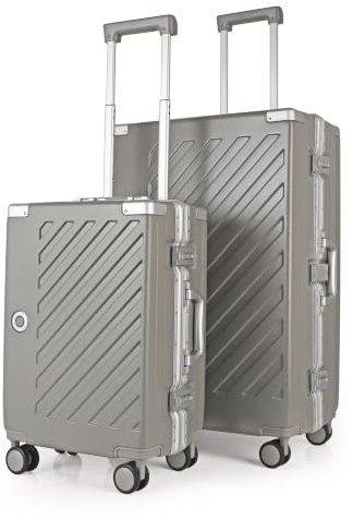 JLY Carry-On & Check-in Set, Aluminium Handle, TSA Locks, Khaki Grey | Zipperless design, 4 spinner wheels on each case, aluminium telescopic handles, top and side carry handles