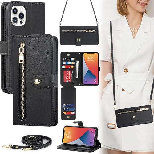 ELTEKER Handyhülle für iPhone 12 Pro Max Hülle mit Band,Klapphülle Kartenfach Schutzhülle Handytasche Leder Hülle für iPhone 12 Pro Max - Schwarz