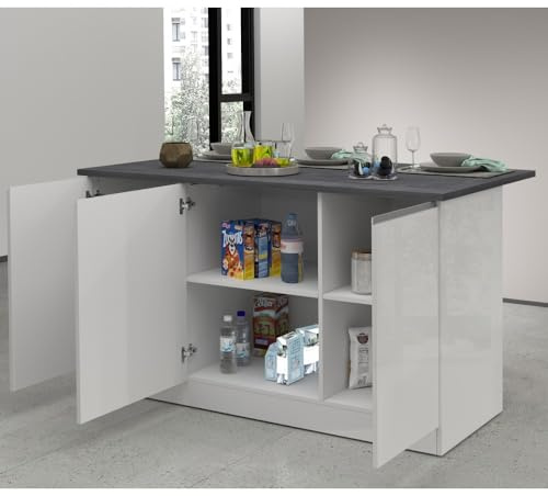 VE.CA Clarissa Kücheninsel mit Arbeitsplatte, 90 x 155 x 90 cm, hergestellt in Italien, modernes Sideboard mit 3 Türen, ideal als Esstisch – Weiß glänzend