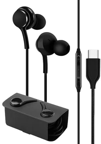 LearnLyrics Écouteurs filaires de type C – Écouteurs intra-auriculaires contrôlés par fil, casque surround basses | Écouteurs stéréo Hi-Fi étanches avec suppression du bruit pour appels mains et