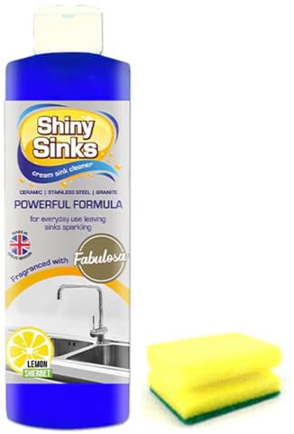 Shiny Sinks Lemon Sherbet (250 ml), a Superb Cream Cleaner for use on Ceramics, Sinks and Basins with Degreaser Sponge