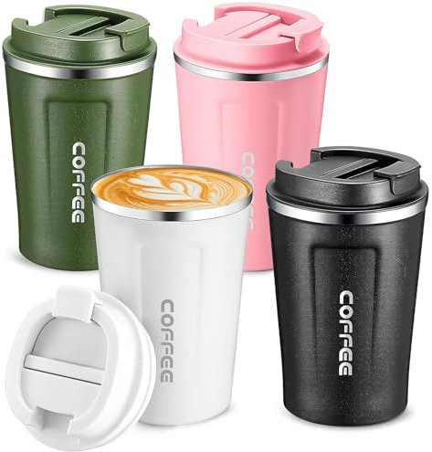 LYCN 4 Pack Travel Coffee Cup, Reusable Insulated Coffee Mugs with Spill Proof Leak Proof Lids, 380 ml Stainless Steel Vacuum Coffee Thermal Tumblers for Camping Halloween Hot Cold Drink,13 oz