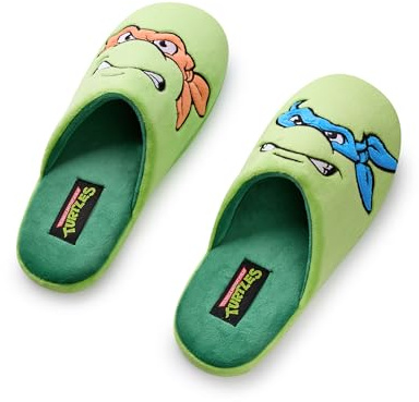 TEENAGE MUTANT NINJA Turtles Herren Hausschuhe | TMNT Leonardo & Mikey Character Face Slip-On-Pantoletten in Grün mit Gummisohle | Animierter Krieger-Cartoon-Innenraum-Schlafzimmer-Schuhwerk