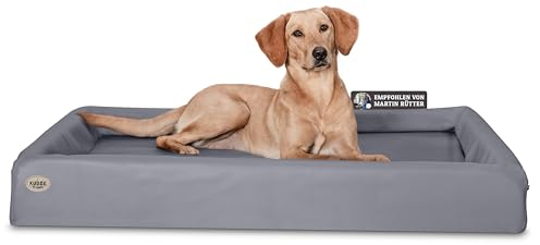 SABRO KUDDE Orthopädisches Hundebett – Martin Rütter – Hochwertiges Kunstleder – Waschbar & Wasserabweisend – Ergonomisch – Premium Haustierzubehör für Mittelgrosse, Grosse Hunde L in Grau