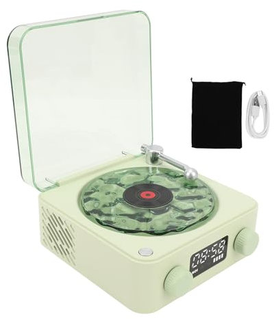 Vintage Schallplattenspieler Bluetooth Lautsprecher, Kabelloser Plattenspieler Stereolautsprecher mit Uhr und Sanftem Nachtlicht, Vintage Phonograph Plattenspieler für das (Green)