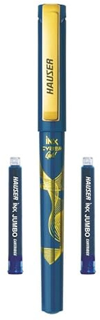 Hauser Inx Cyber Gold Fountain Pen | Smooth Round Nib With Iridium Tip | Unique Liquid Ink System | 2 Ink Cartridges | Blue Ink, Pack Of 1 - Body Color May Vary