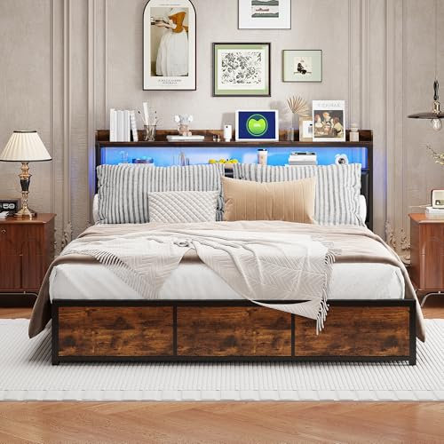 KEFSR Doppelbettrahmen mit 4 Schubladen, Vintage-Stil, braunes Bettgestell mit 4 Schubladen, LED-Lichtmetall-Bettgestell, schwarzes Kunstleder-Kopfteil, kein Boxspringbett erforderlich (180 x 200 cm)