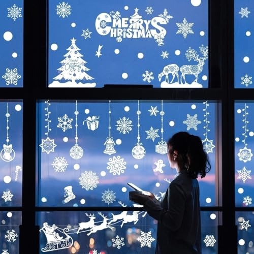 WandSticker4U®- XXL Fensterbilder Weihnachten selbstklebend weiß WEIHNACHTSMANN & RENTIER I Fenstersticker Weihnachten wiederverwendbar Weihnachtsdeko Fenster Aufkleber Schneeflocken GROß